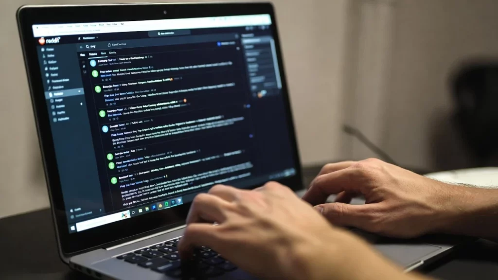 Hands typing on a laptop displaying an active Reddit thread with multiple user comments about kratom