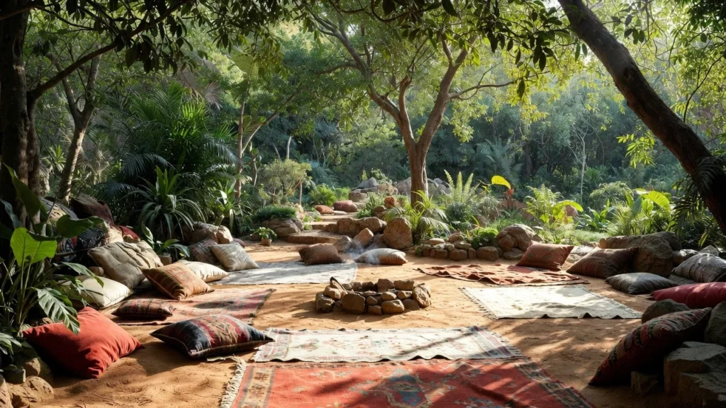 Empty outdoor ceremonial space arranged in a circle with colourful rugs, cushions, and a central stone fire pit surrounded by lush tropical greenery