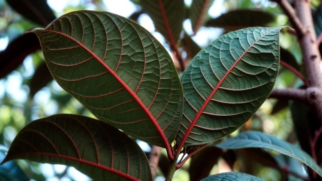 Close-up of mature kratom leaves with prominent red veins and glossy dark green surface