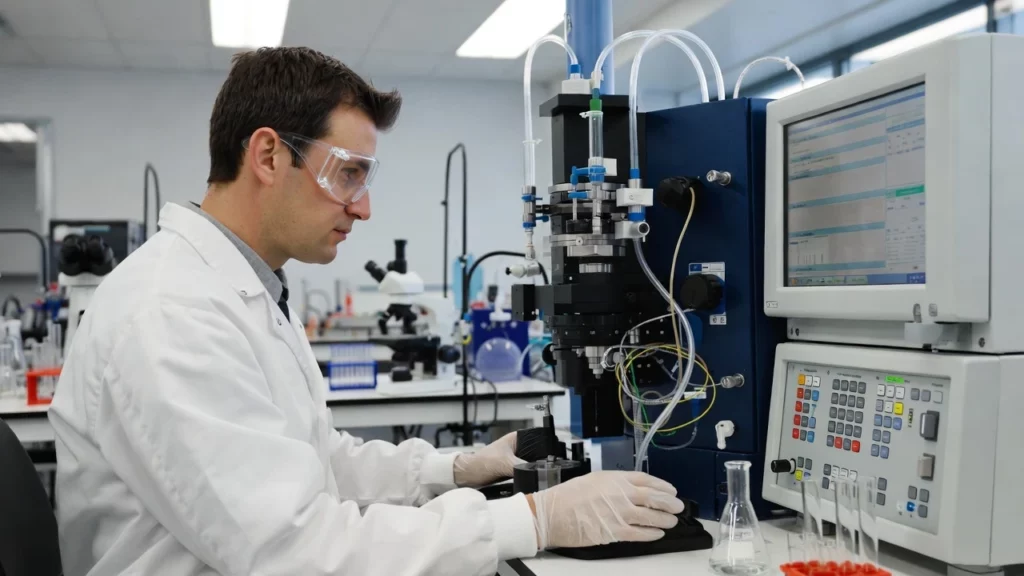 Laboratory scientist in white coat and safety glasses operating ICP-MS instrument for trace metal analysis