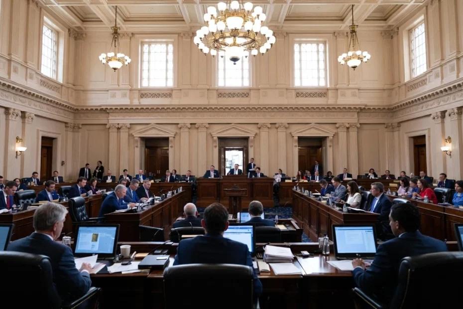 An ornate state legislative chamber featuring lawmakers in suits seated at semicircular desks discussing kratom legislation