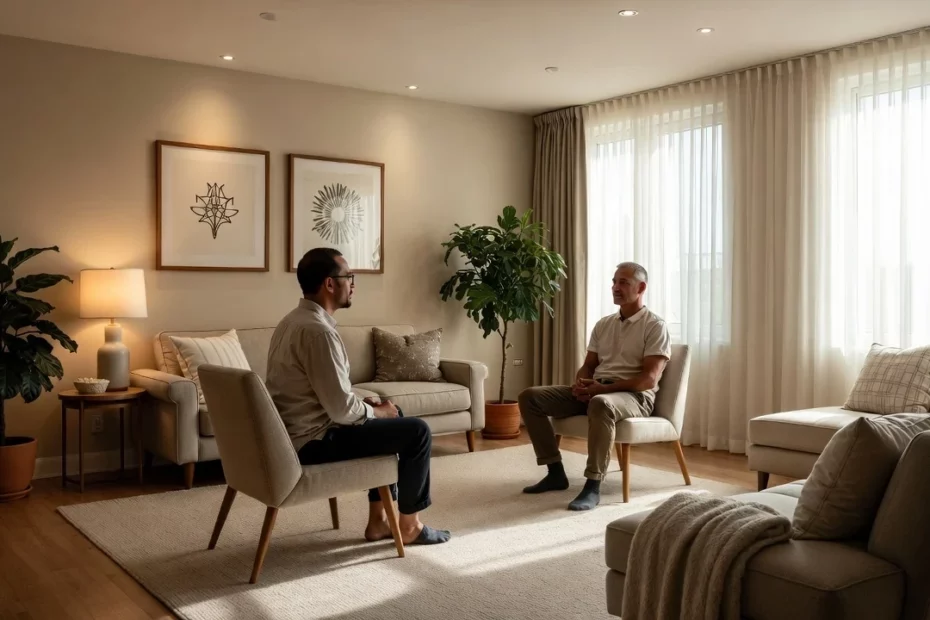 Two men engaged in a plant-medicine-assisted therapy session seated in a bright, plant-filled living room