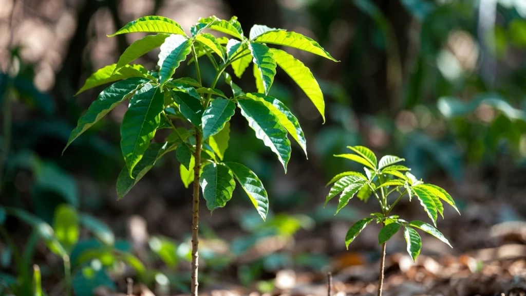 Young one-year-old kratom tree sapling beside an older kratom tree in a forest