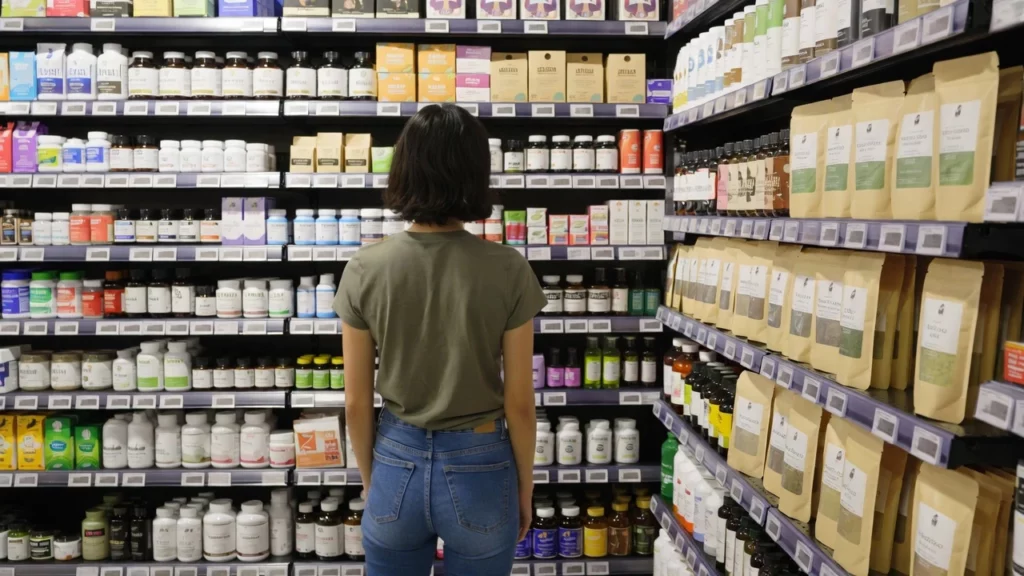 A woman standing in health store aisle viewing shelves of bottled supplements vitamins and kratom powder packets