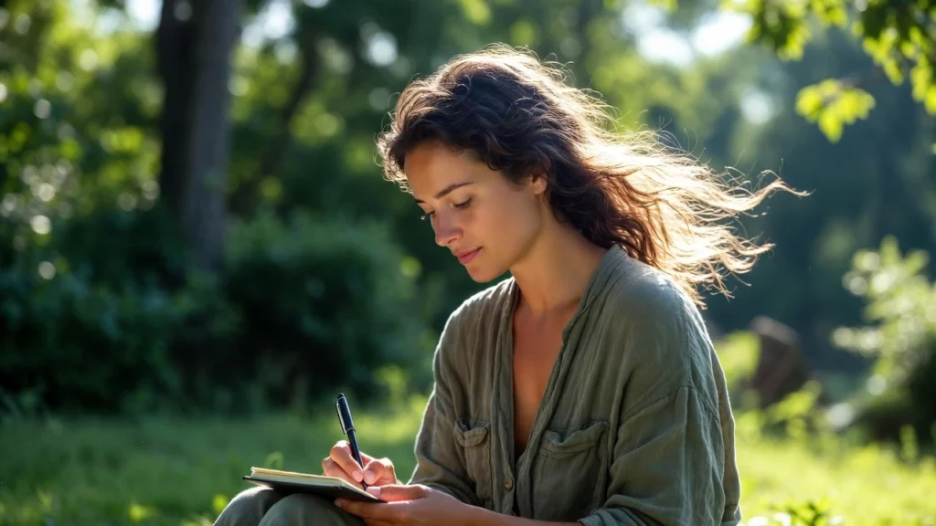 Young woman writing in a journal while sitting on grass in sunlit forest clearing