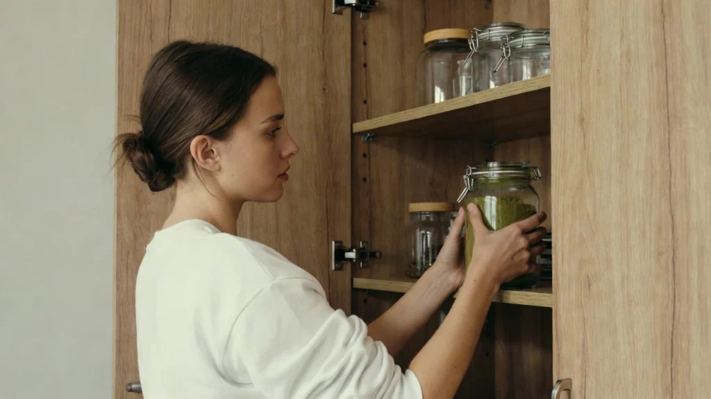 Woman in white shirt, placing large glass jar of green kratom powder back onto pantry shelf