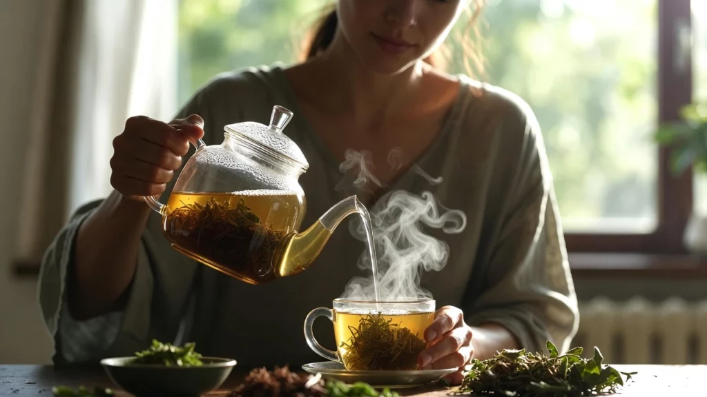 Woman pouring steaming golden kratom tea from a glass teapot into a clear cup filled with loose leaves