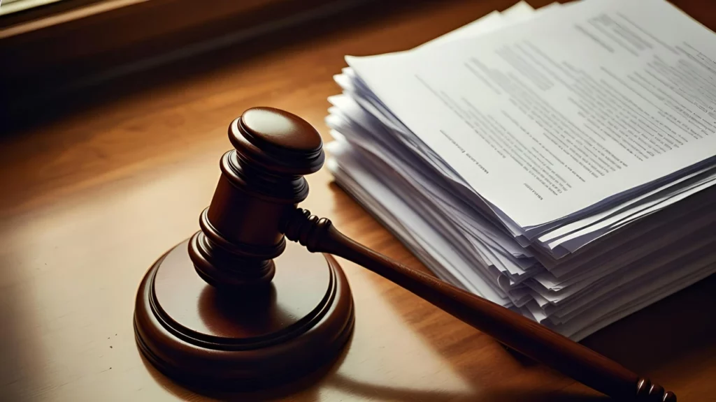 A wooden gavel on round base next to a thick stack of printed legal documents on wooden table
