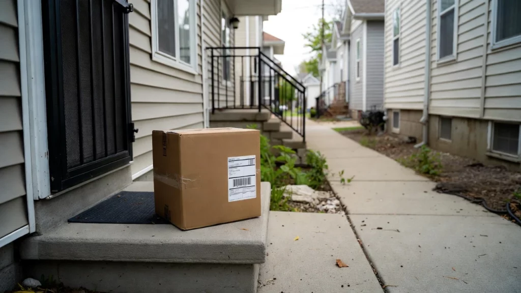 A cardboard box placed on a concrete step outside a residential home entrance with black security door and welcome mat