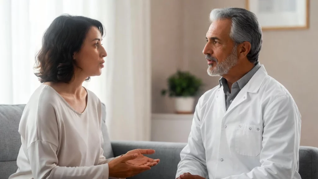 Mature doctor listening attentively to female patient during medical consultation on couch