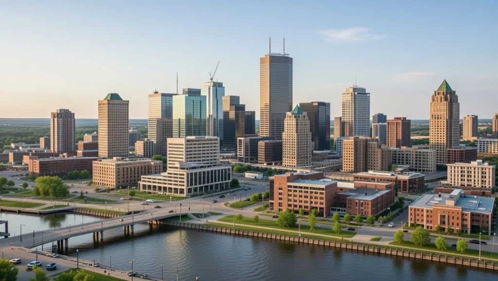 The Winnipeg skyline featuring modern high-rise buildings along the Red River in Manitoba
