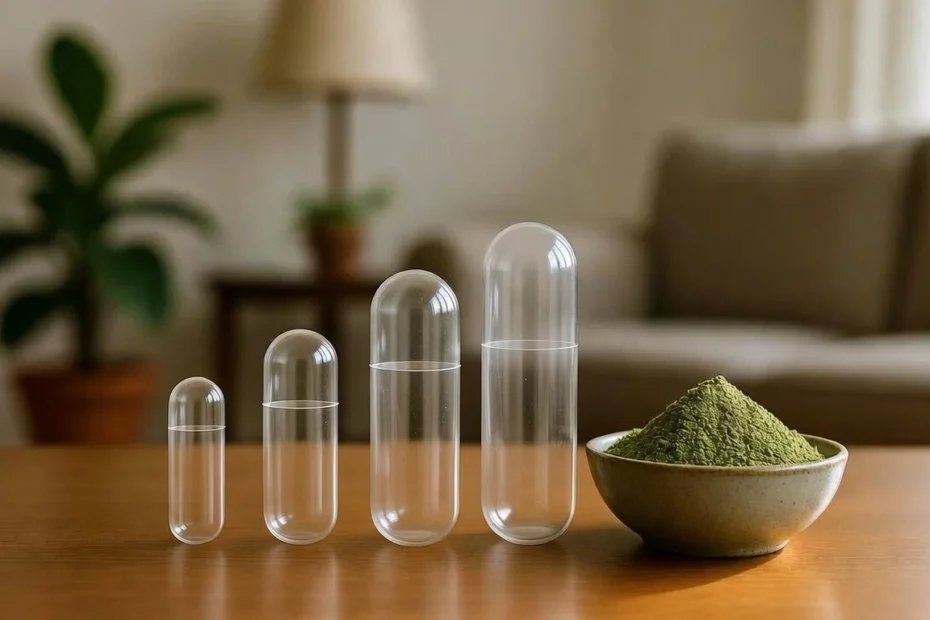 Empty transparent kratom capsules in various sizes lined up next to a bowl of green kratom capsule fill weight demonstration
