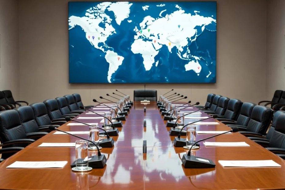 A conference room with a large world map display on the wall, surrounded by empty chairs and microphones ready for a formal discussion about plant medicines banned