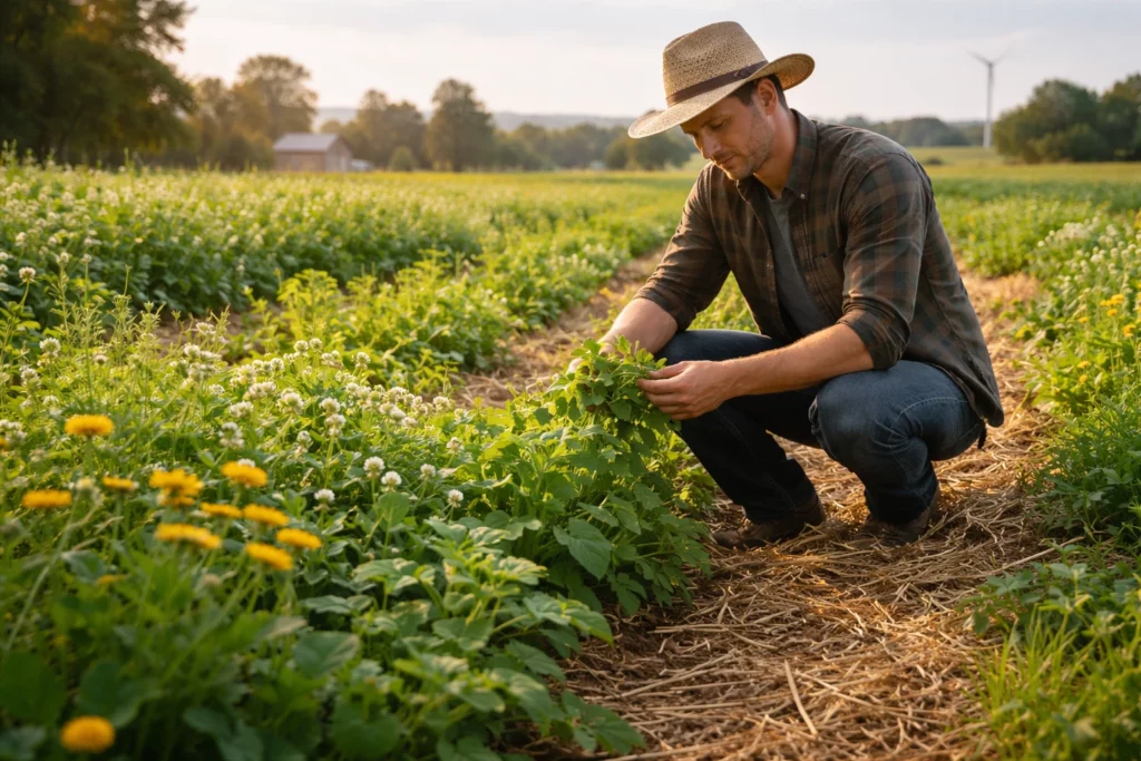 Farmer crouching in field examining plants among rows of green crops