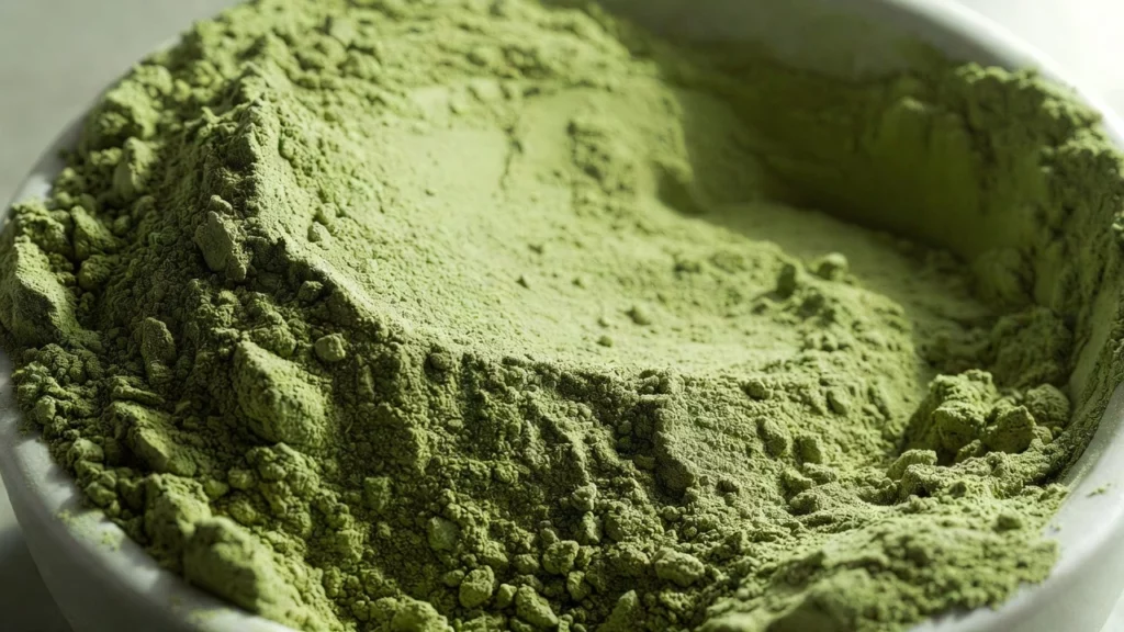 Close up of kratom powder finely ground in a white bowl, showing fine texture and natural colour