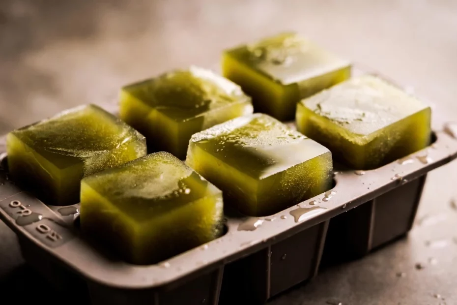 Freezing kratom tea as ice cubes in a silicone tray with frost and condensation showing