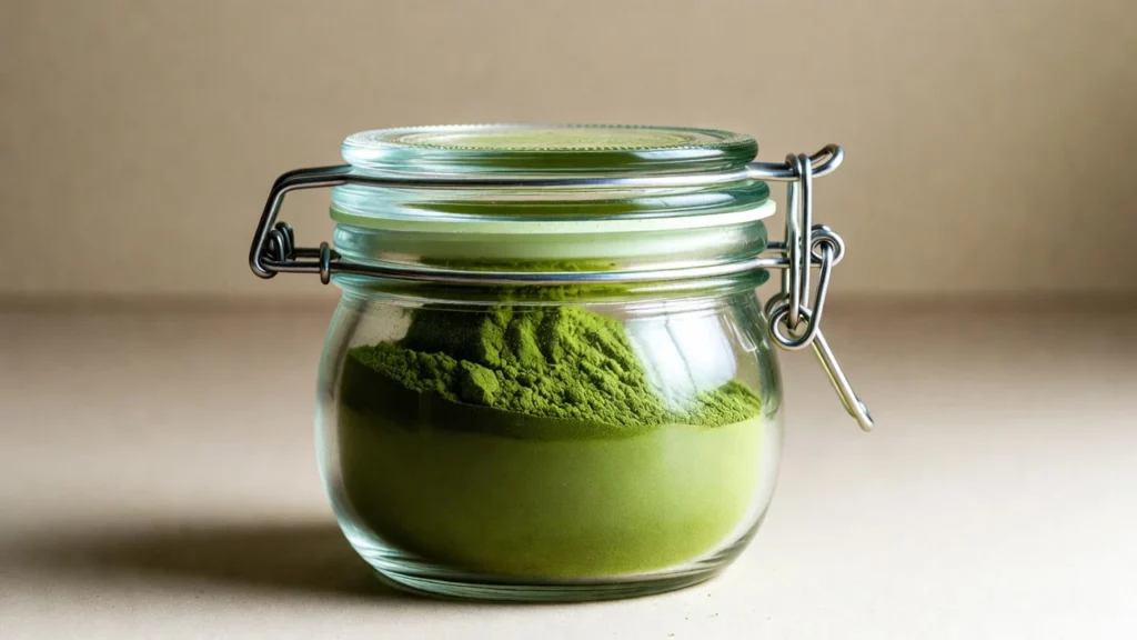 Clear glass jar with airtight latch lid containing vibrant green kratom powder