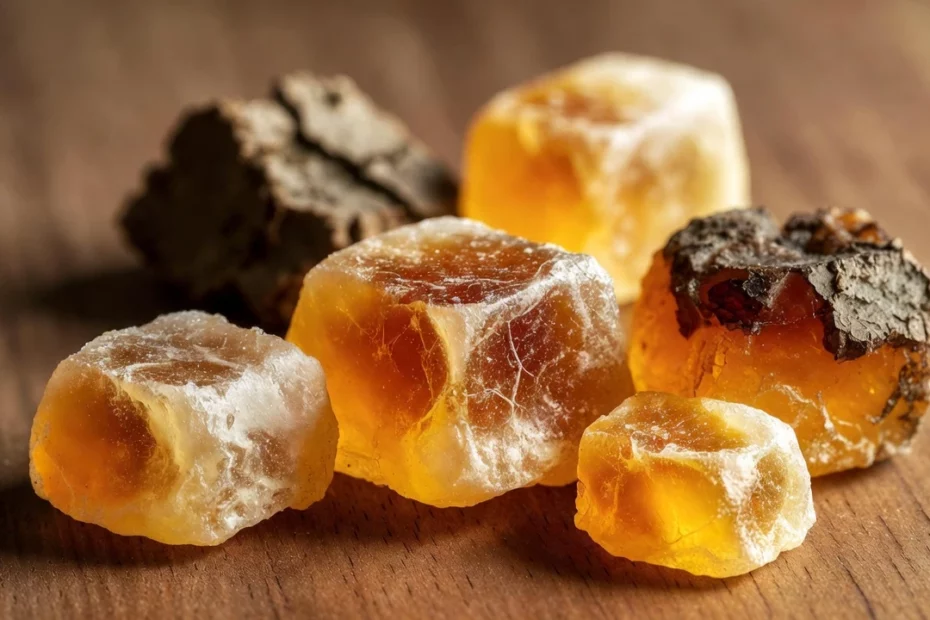 Assorted irregular chunks of translucent golden mastic and herbal chewing gums scattered on wooden surface