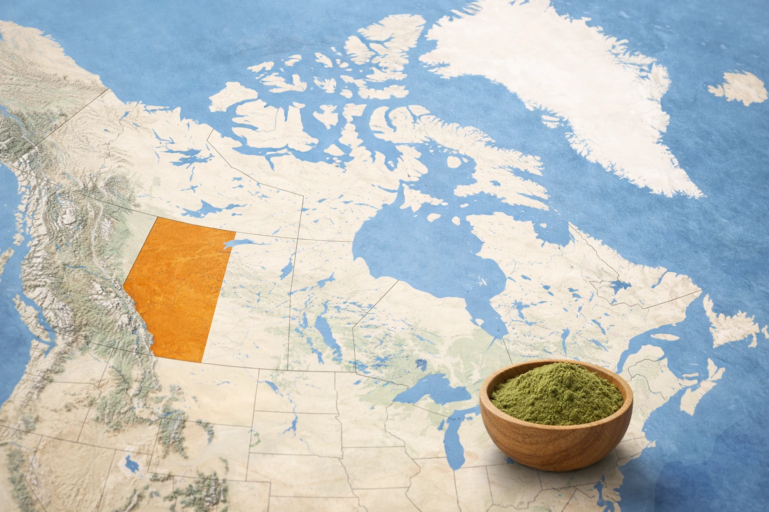 Map highlighting Alberta province in Canada with kratom in Alberta represented by bowl of fine green kratom powder