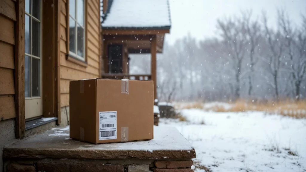 Cardboard shipping box with shipping label left on snowy doorstep of wooden house in Alberta during winter
