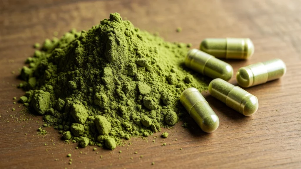 Pile of fine green kratom powder with several kratom capsules scattered around on wooden surface