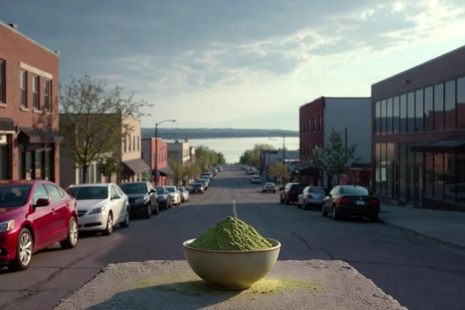 Kratom in Barrie with a bowl of kratom powder on a street lined with parked cars with Lake Simcoe in the distance