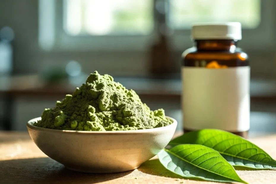 Finely ground botanical (kratom) mounded in a small bowl beside an empty amber glass supplement bottle