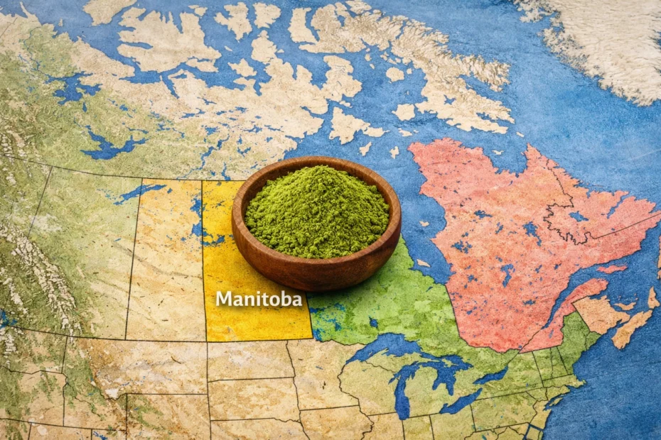 A bowl of kratom powder placed over Manitoba on a detailed Canada map highlighting kratom in Manitoba availability