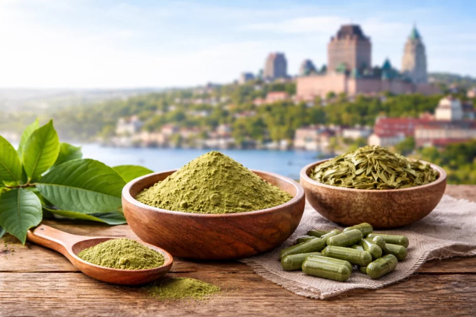 Kratom in Quebec, with various kratom products in wooden bowls and a pile of capsules on burlap fabric with a town in the background