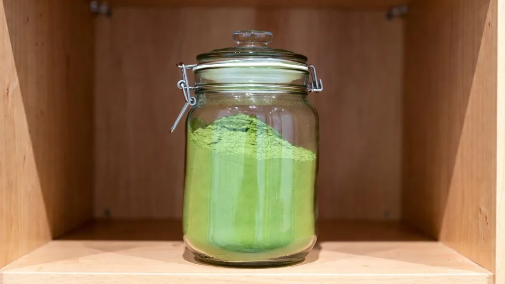 Large glass mason jar filled with kratom powder stored on wooden kitchen shelf