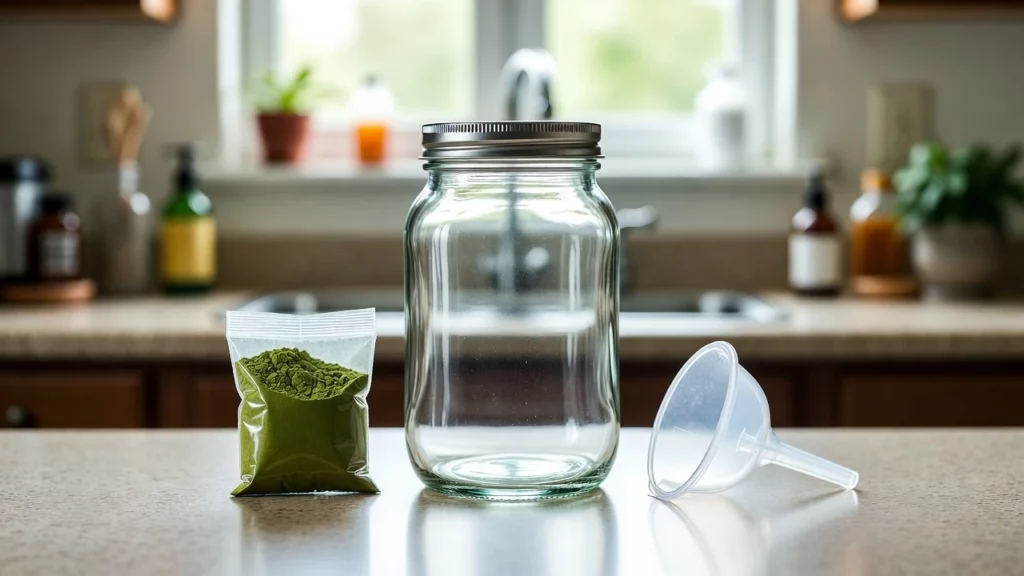 Empty large glass mason jar next to sealed kratom powder pouch and plastic funnel on kitchen counter
