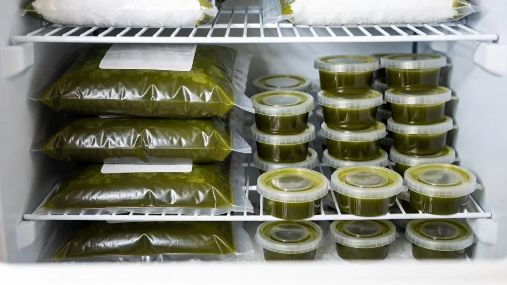 Freezer shelf stocked with sealed green kratom tea bags and stacked plastic containers of the same tea