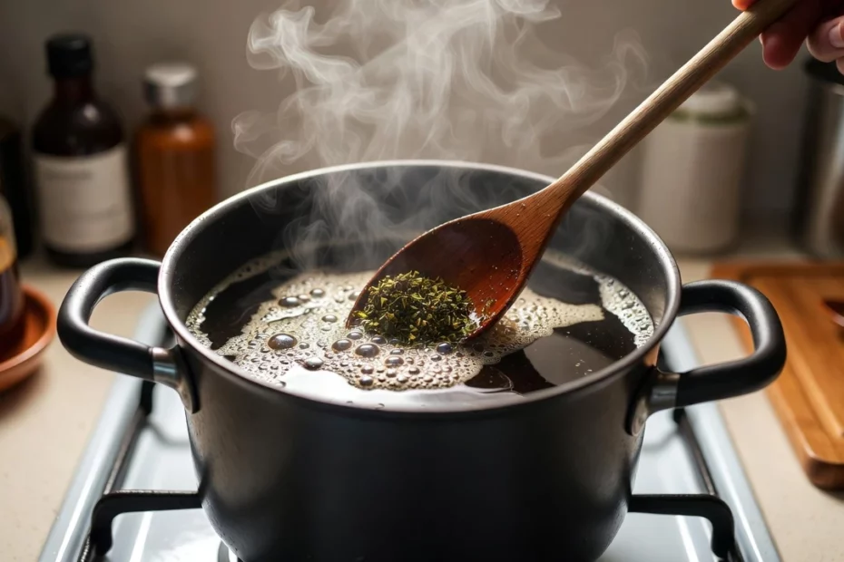 Kratom tea brewing in a black pot on a stove pot with reused kratom powder being added