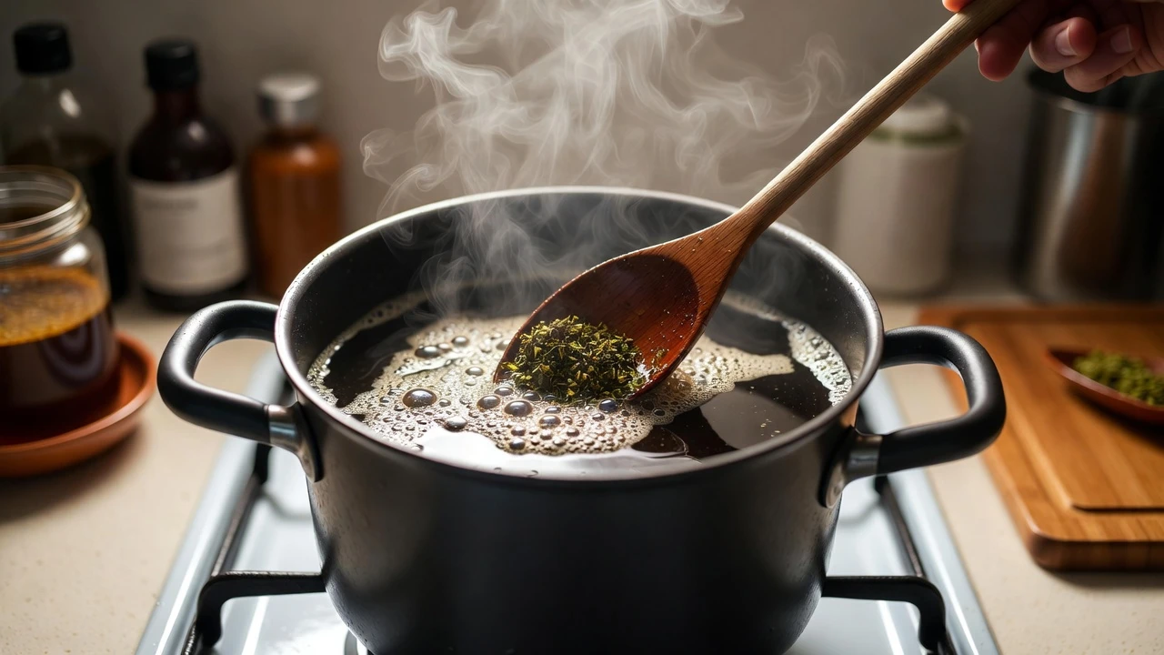Kratom tea brewing in a black pot on a stove pot with reuse kratom powder being added