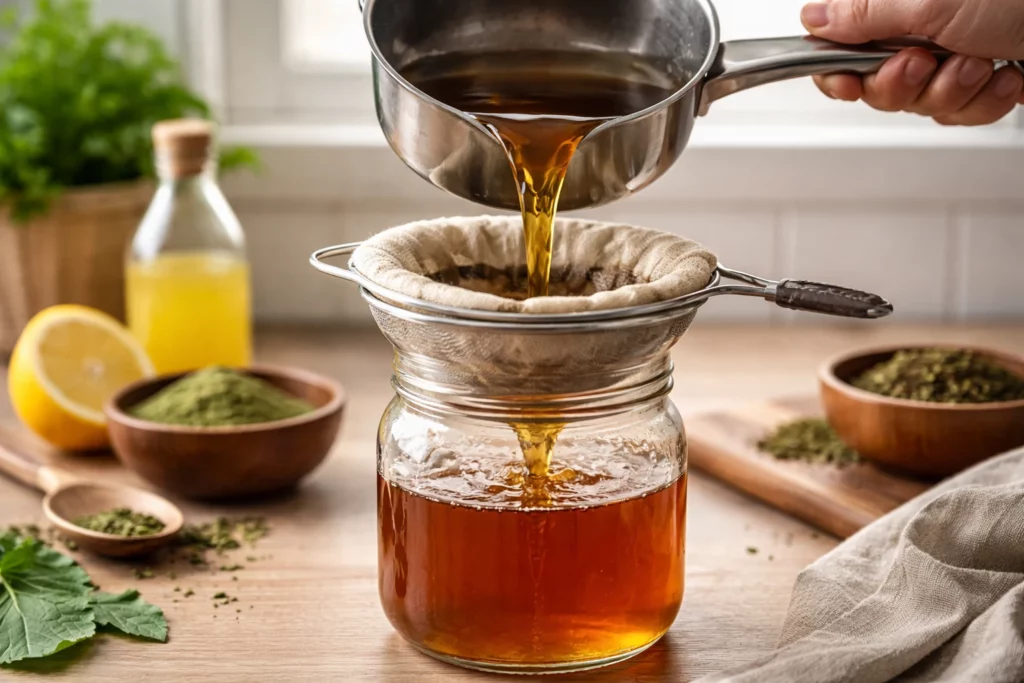 Pouring kratom tea through cheesecloth-lined strainer into glass jar, with fresh lemon, and powdered kratom nearby