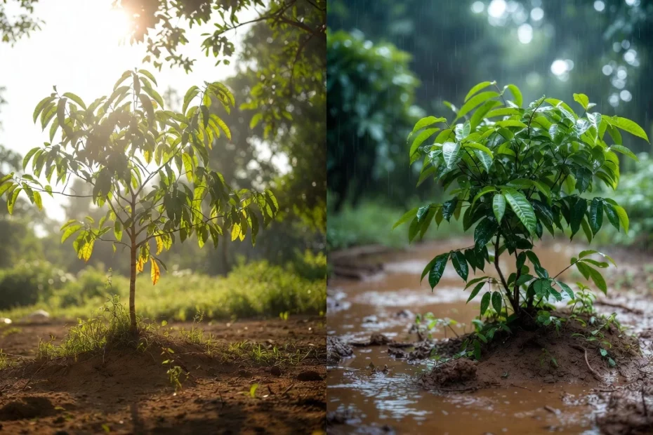 Young kratom trees with a dry season vs wet season comparison with sunny leaves and rainy muddy ground
