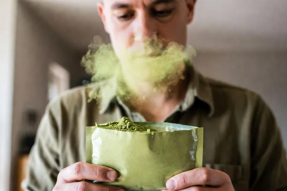 Man carefully opens kratom package while avoiding inhaling kratom powder, green dust cloud rising from fine powder