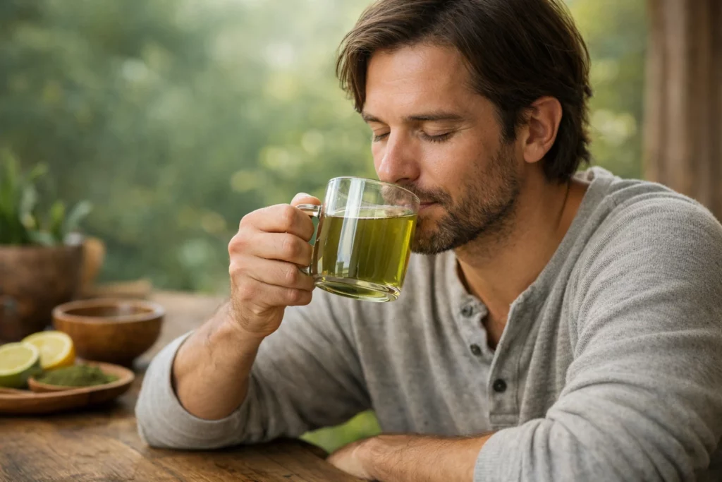 Relaxed man in gray shirt holding clear glass mug of green kratom tea to his lips while inhaling aroma