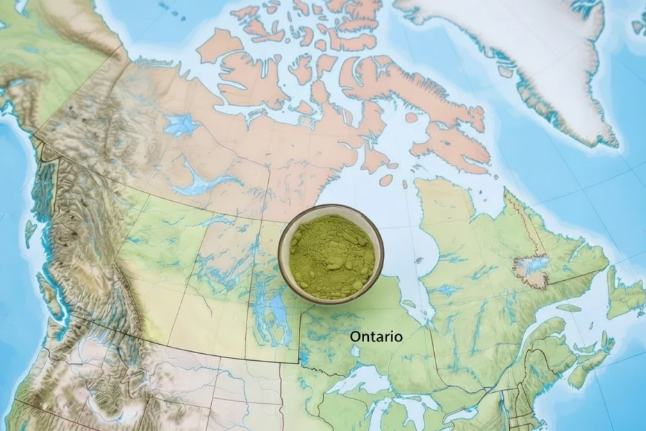 Kratom in Ontario, with a small bowl of kratom powder placed on the Ontario province on a map of Canada