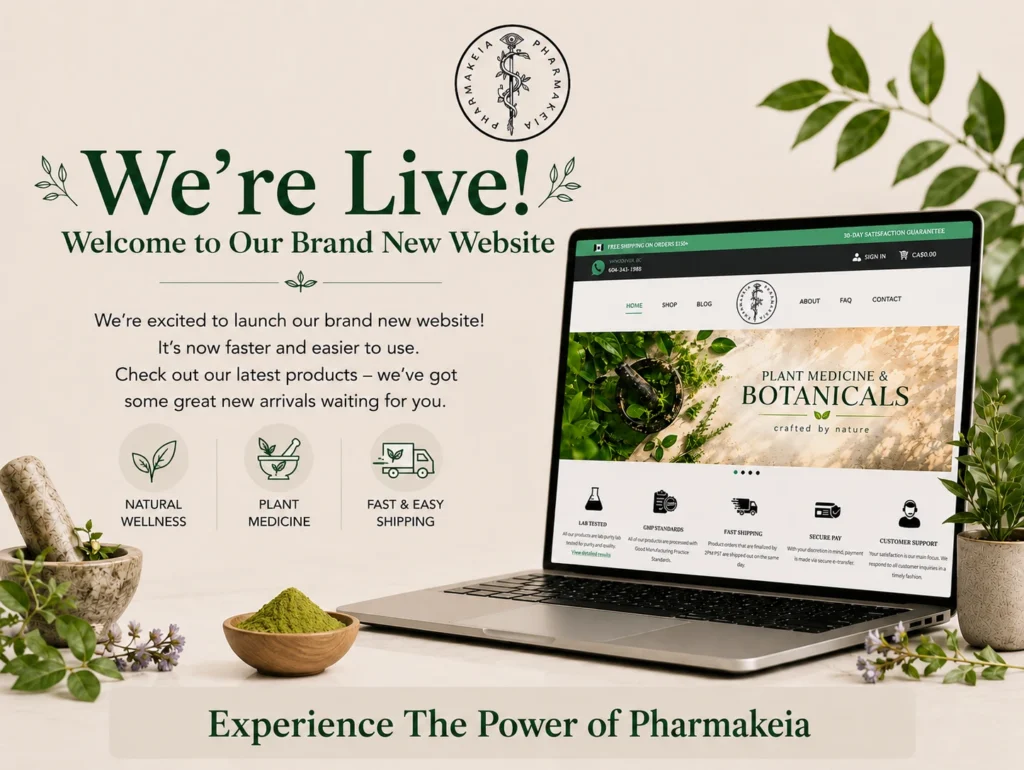Pharmakeia new website launch announcement with laptop showing homepage, mortar and pestle, herbs, and green powder on marble surface