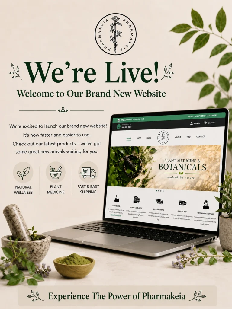 Pharmakeia new website launch announcement with laptop showing homepage, mortar and pestle, herbs, and green powder on marble surface