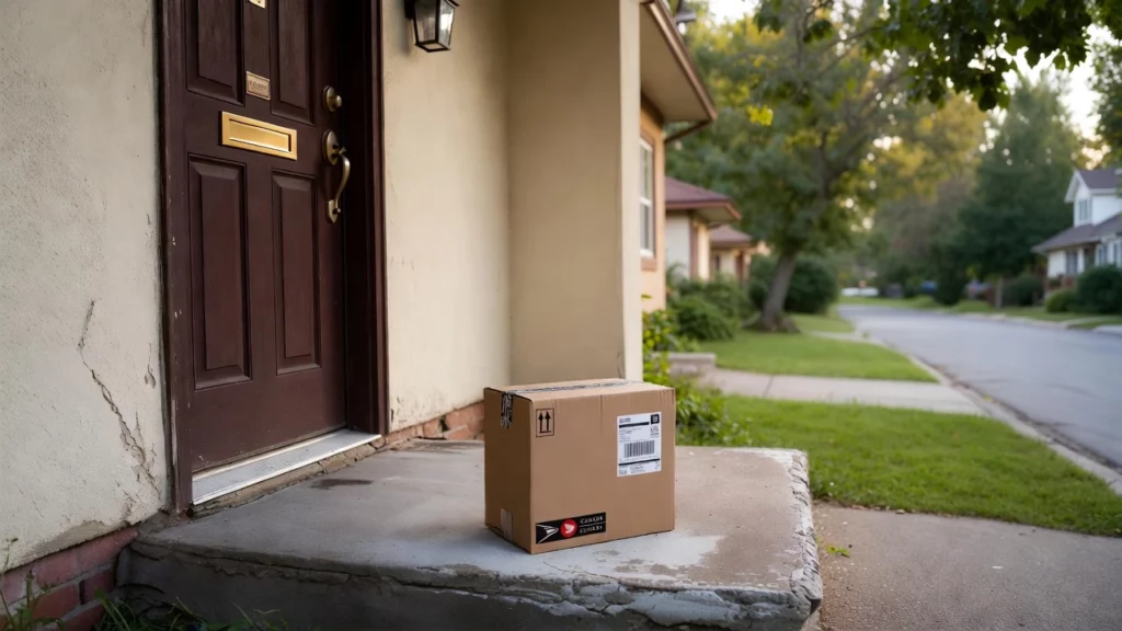 A shipping package placed on the concrete doorstep of a suburban home with dark brown front door