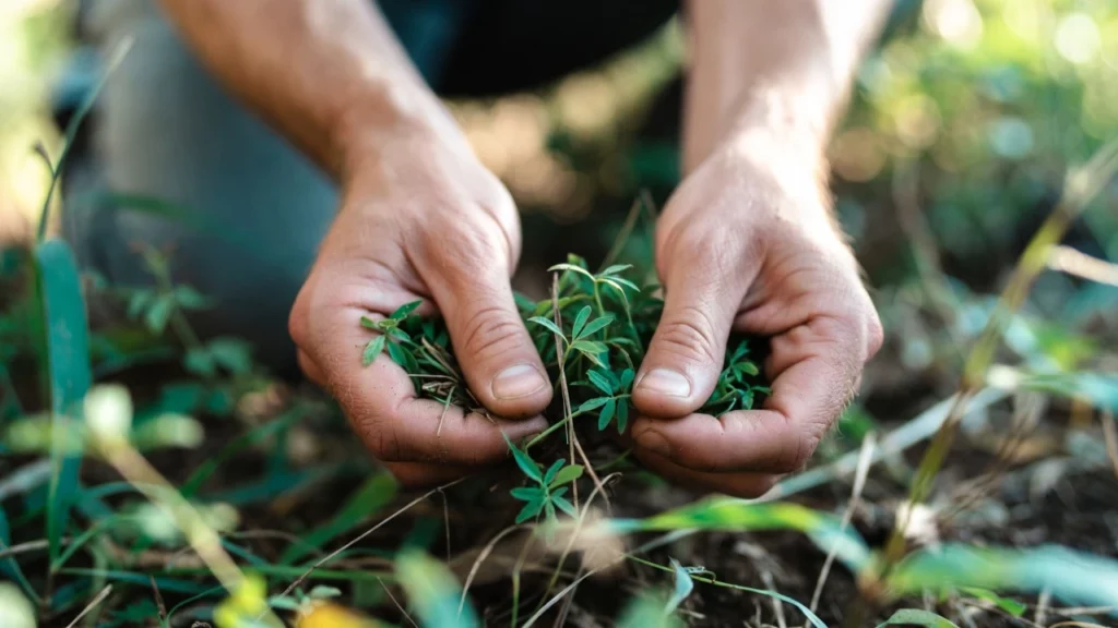 A persons hands carefully uprooting a small green herb from soil in a lush outdoor field