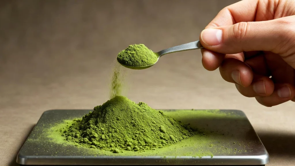 Hand holding metal spoon pouring vibrant green kratom powder onto stainless steel tray forming small pile