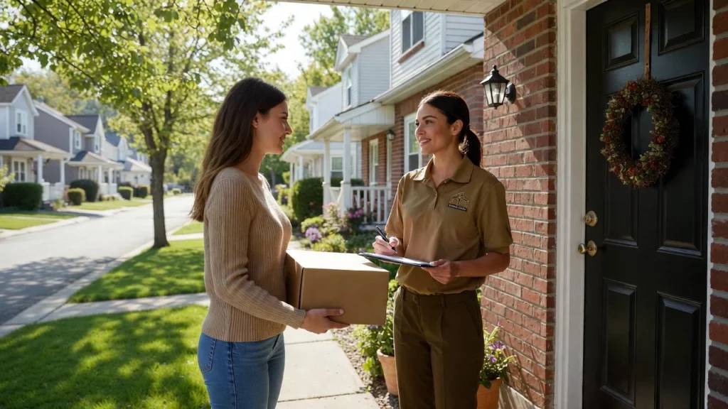 A woman receiving brown cardboard package from delivery person at front door in suburban neighbourhood.