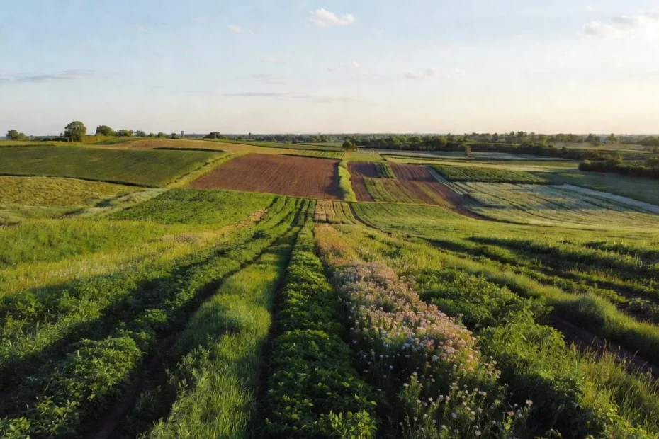 Regenerative agriculture landscape with diverse crops, cover crops, and blooming flowers across rolling fields