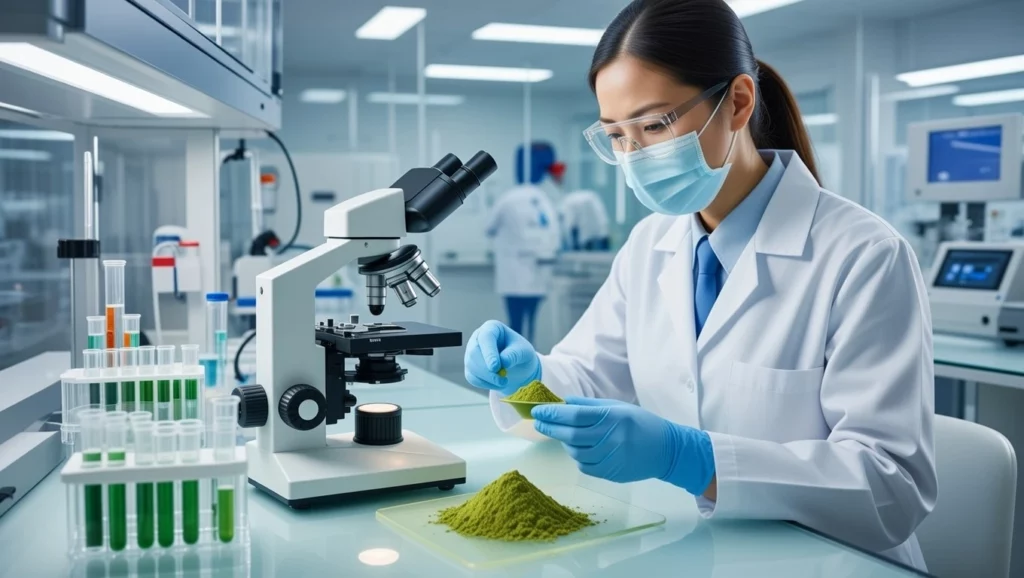 Scientist in lab coat and protective gear examining fine green kratom powder under microscope in a laboratory