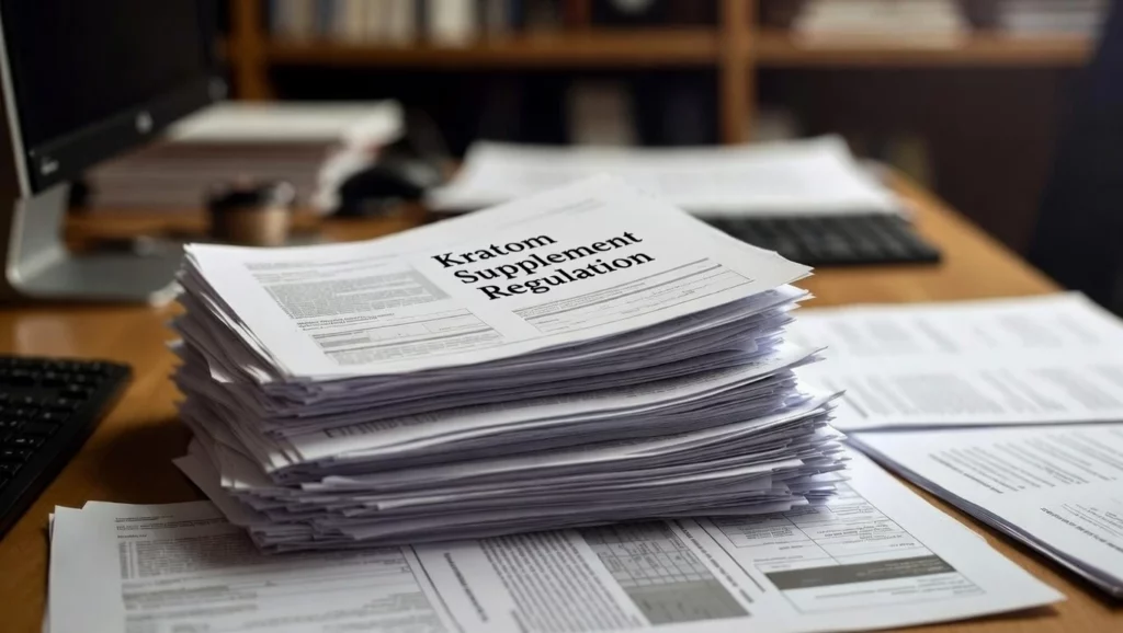 Tall stack of printed documents titled Kratom Supplement Regulation on top, placed on a wooden office desk
