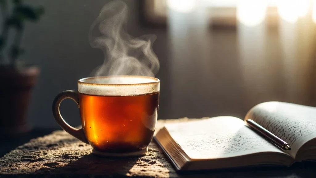 A steaming mug of hot tea placed on an open journal with handwritten notes and a pen resting nearby