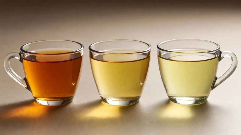 Three clear glass cups of kratom tea, each brewed once, twice and three times